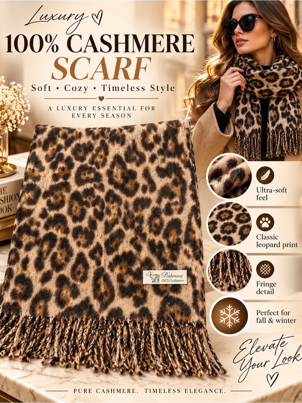 100% Cashmere Leopard Print Scarf - Brown Leopard